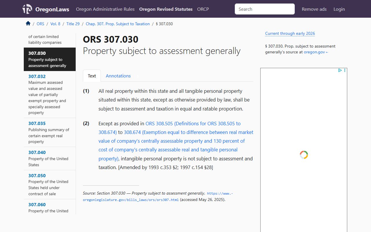 Oregon ORS 307.030 property assessment and taxation statute