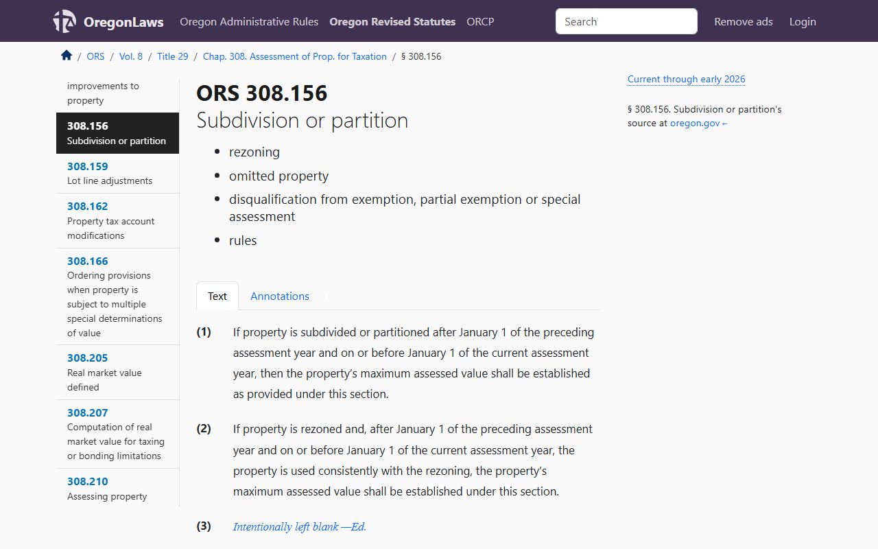 Oregon ORS 308.156 maximum assessed value for property tax records