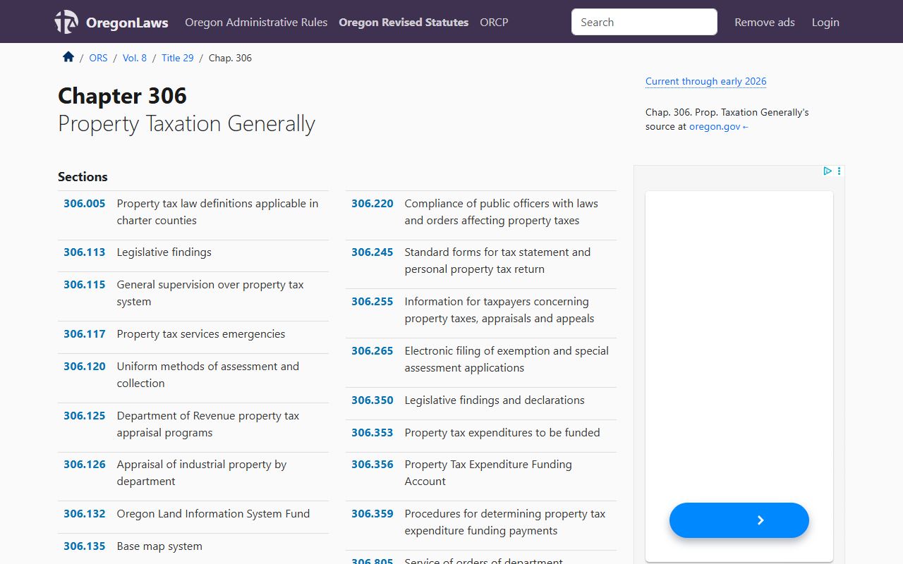 Oregon ORS Chapter 306 property taxation law for property tax records